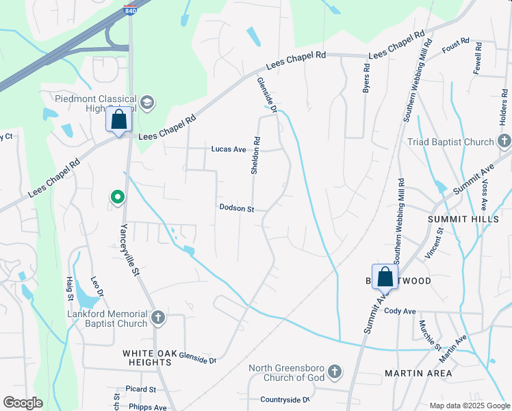 map of restaurants, bars, coffee shops, grocery stores, and more near 1900 Sheldon Road in Greensboro