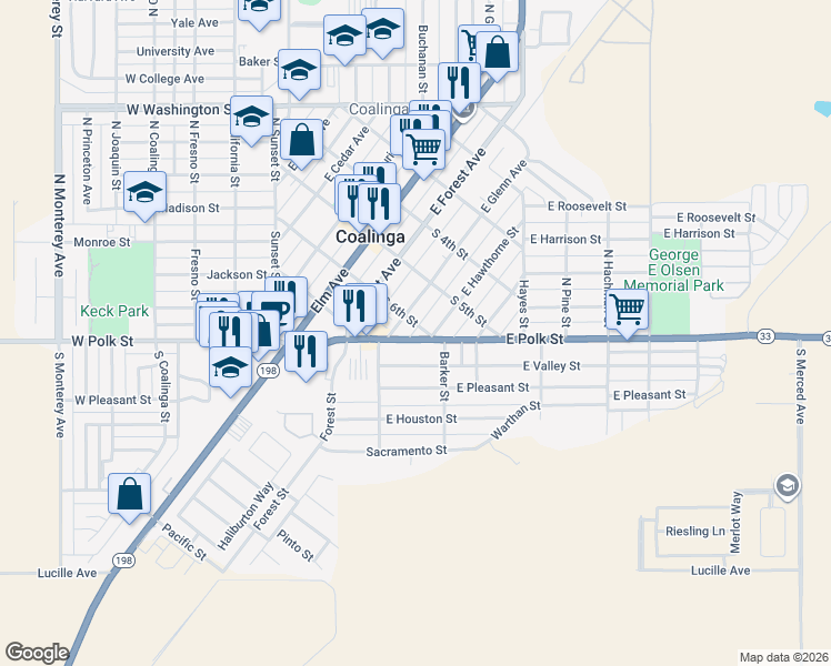 map of restaurants, bars, coffee shops, grocery stores, and more near 270 South 6th Street in Coalinga