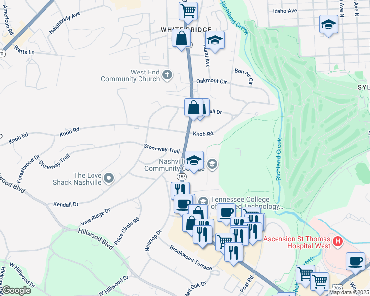 map of restaurants, bars, coffee shops, grocery stores, and more near 161 White Bridge Pike in Nashville