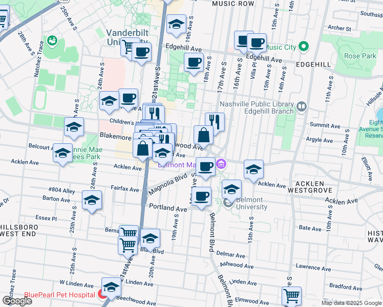 map of restaurants, bars, coffee shops, grocery stores, and more near 1711 18th Avenue South in Nashville