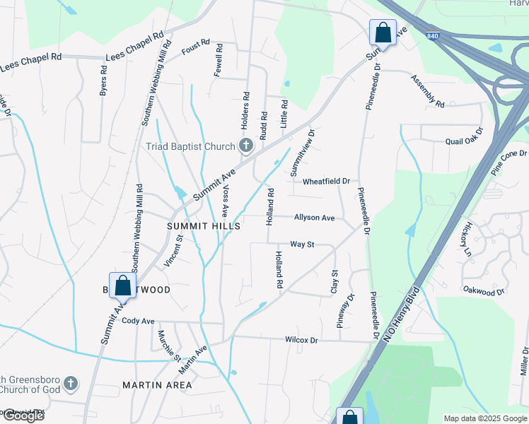 map of restaurants, bars, coffee shops, grocery stores, and more near 4501 Holland Road in Greensboro