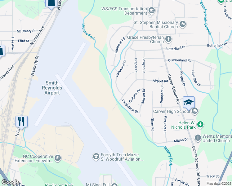 map of restaurants, bars, coffee shops, grocery stores, and more near 3610 Barkwood Drive in Winston-Salem