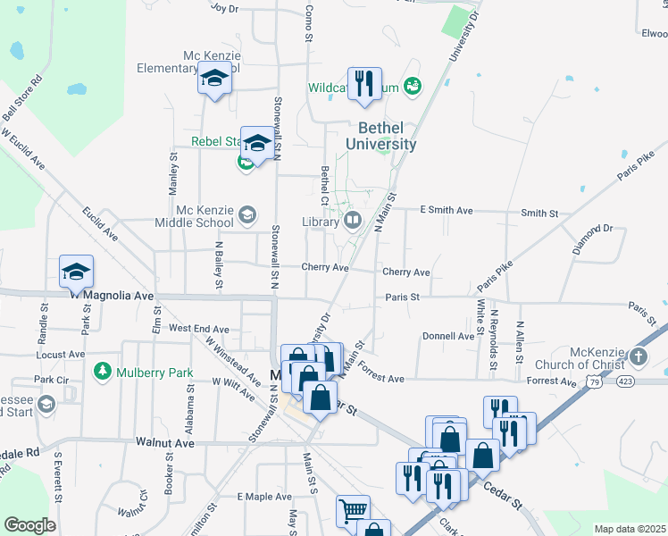 map of restaurants, bars, coffee shops, grocery stores, and more near 325 Cherry Avenue in McKenzie