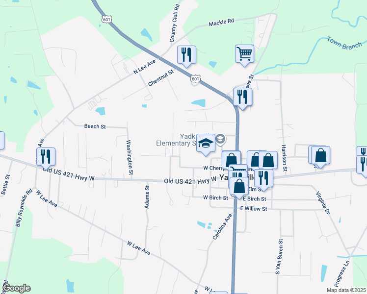 map of restaurants, bars, coffee shops, grocery stores, and more near 212 Kyle Street in Yadkinville