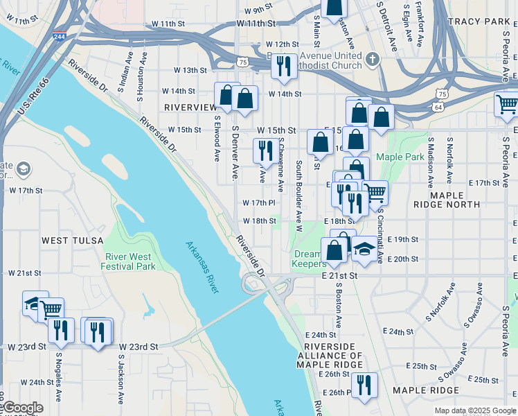 map of restaurants, bars, coffee shops, grocery stores, and more near 228 West 17th Place in Tulsa