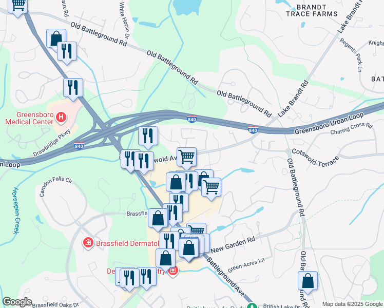 map of restaurants, bars, coffee shops, grocery stores, and more near 3820 Cotswold Avenue in Greensboro