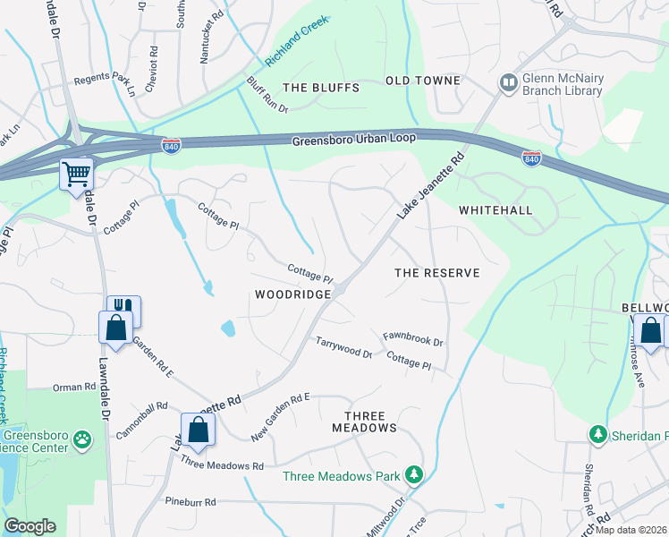 map of restaurants, bars, coffee shops, grocery stores, and more near 2300 Cottage Place in Greensboro