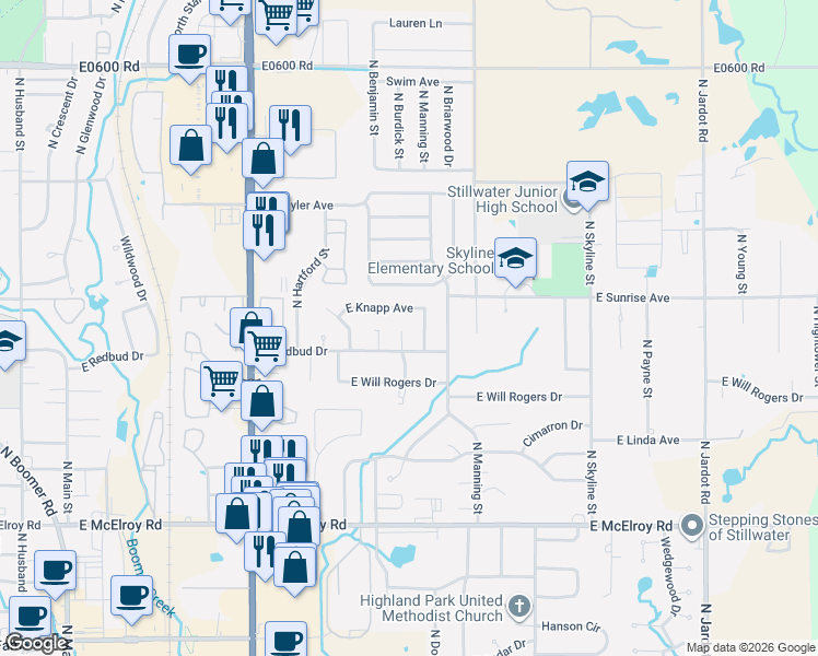 map of restaurants, bars, coffee shops, grocery stores, and more near 1415 North Arrington Court in Stillwater