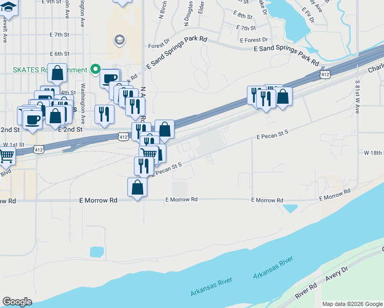 map of restaurants, bars, coffee shops, grocery stores, and more near 811 East Pecan Street South in Sand Springs