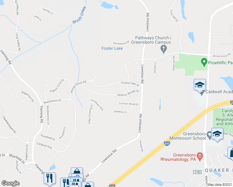 map of restaurants, bars, coffee shops, grocery stores, and more near 3501 Oakbrook Court in Greensboro