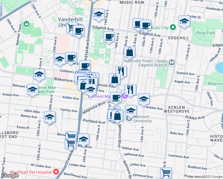 map of restaurants, bars, coffee shops, grocery stores, and more near 1710 Belcourt Avenue in Nashville