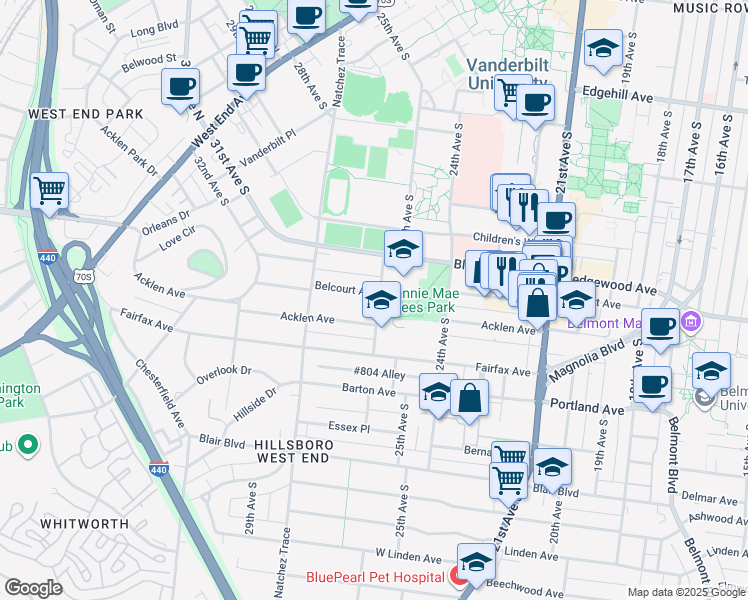 map of restaurants, bars, coffee shops, grocery stores, and more near 2601 Belcourt Avenue in Nashville