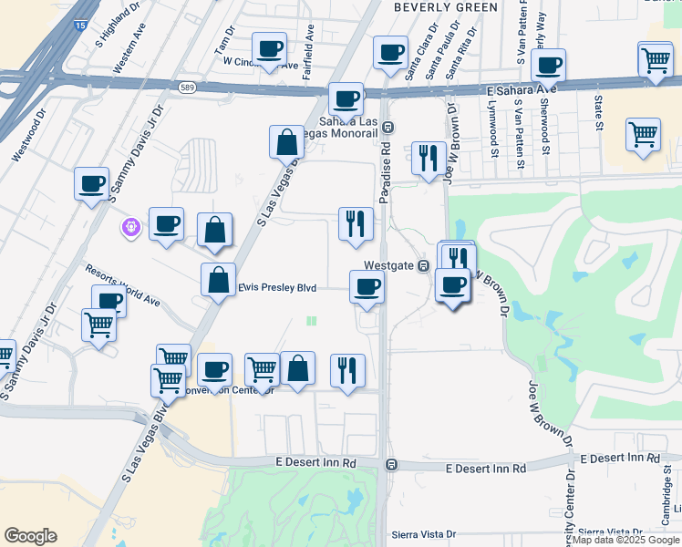 map of restaurants, bars, coffee shops, grocery stores, and more near 2877 Paradise Road in Las Vegas