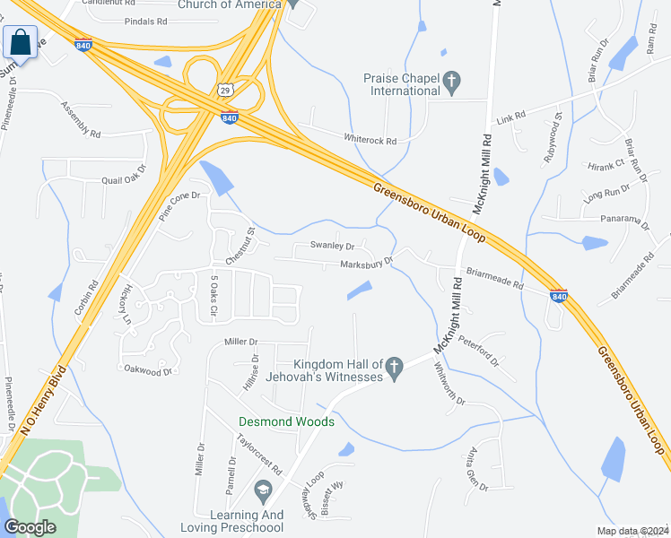map of restaurants, bars, coffee shops, grocery stores, and more near 3604 Marksbury Drive in Greensboro