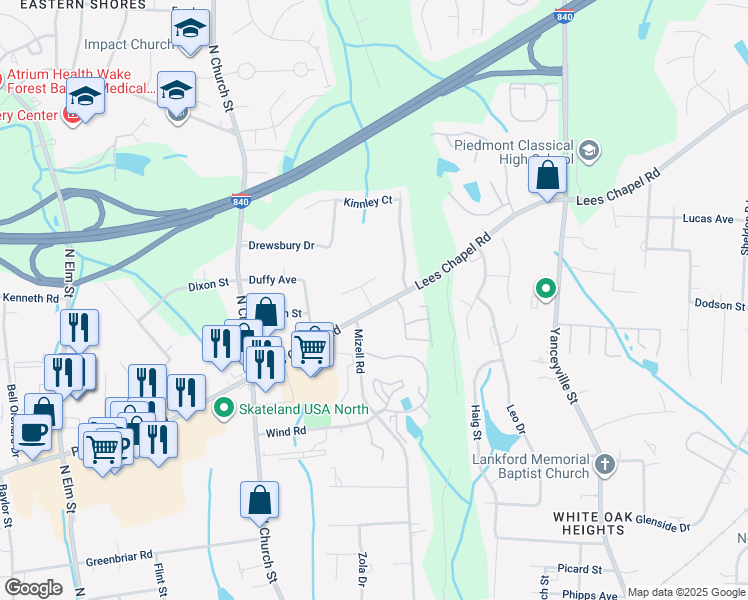 map of restaurants, bars, coffee shops, grocery stores, and more near 1343 Lees Chapel Road in Greensboro
