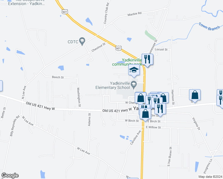map of restaurants, bars, coffee shops, grocery stores, and more near 212 Kyle Street in Yadkinville