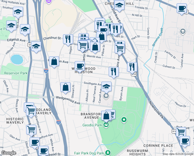 map of restaurants, bars, coffee shops, grocery stores, and more near 1611 Marshall Hollow Drive in Nashville