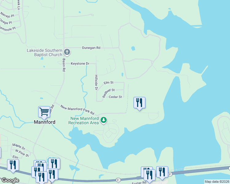 map of restaurants, bars, coffee shops, grocery stores, and more near 105 Cedar Street in Mannford