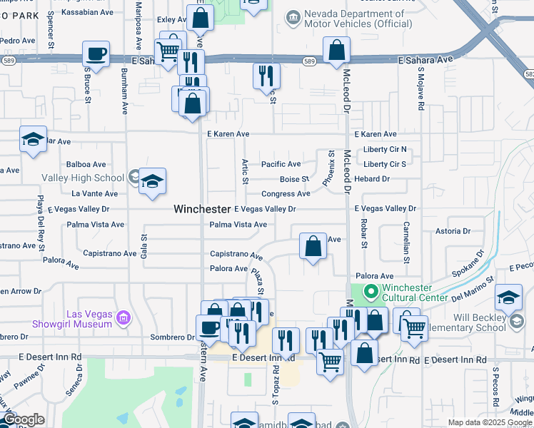 map of restaurants, bars, coffee shops, grocery stores, and more near 2584 Palma Vista Avenue in Las Vegas