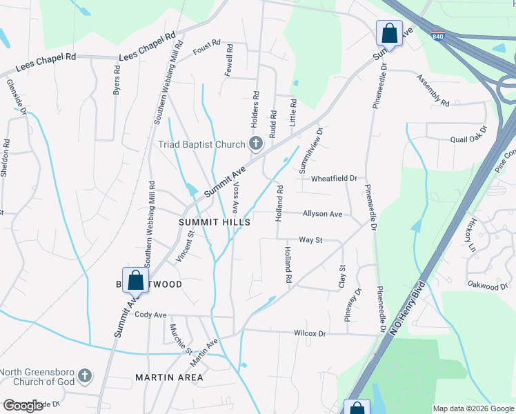 map of restaurants, bars, coffee shops, grocery stores, and more near 1807 Allyson Avenue in Greensboro