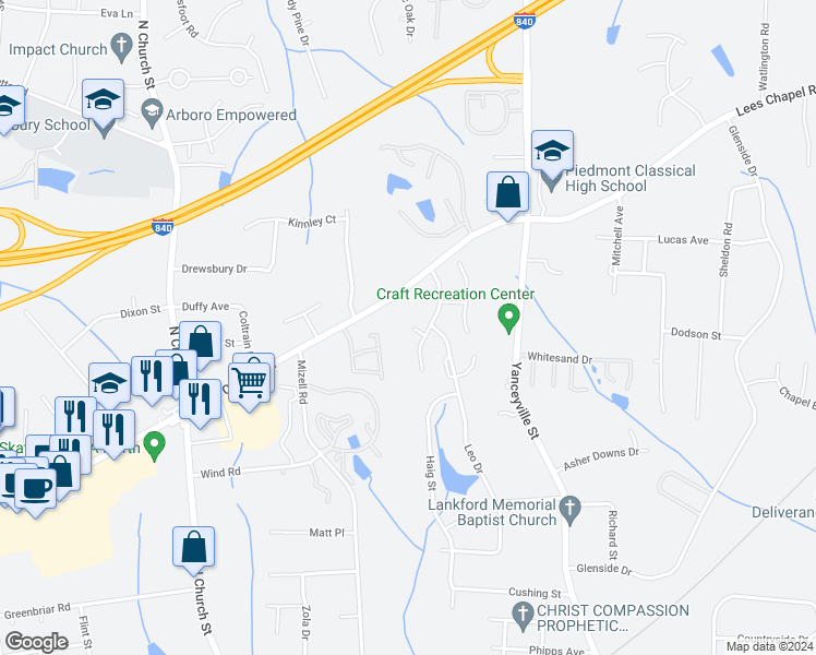 map of restaurants, bars, coffee shops, grocery stores, and more near 2 White Chapel Court in Greensboro