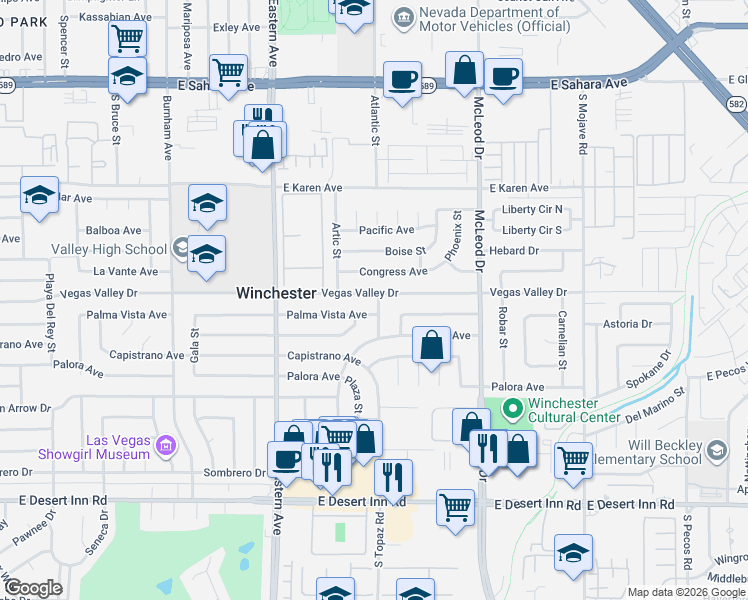 map of restaurants, bars, coffee shops, grocery stores, and more near 2584 Palma Vista Avenue in Las Vegas