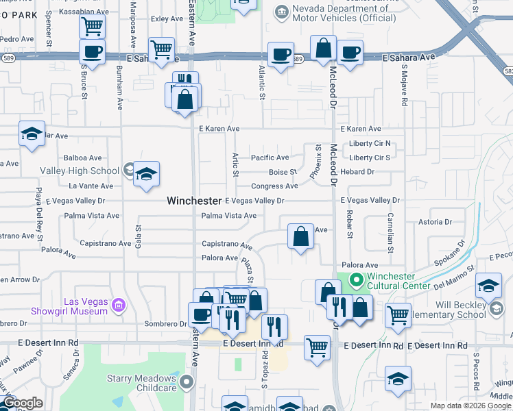 map of restaurants, bars, coffee shops, grocery stores, and more near 2584 Palma Vista Avenue in Las Vegas