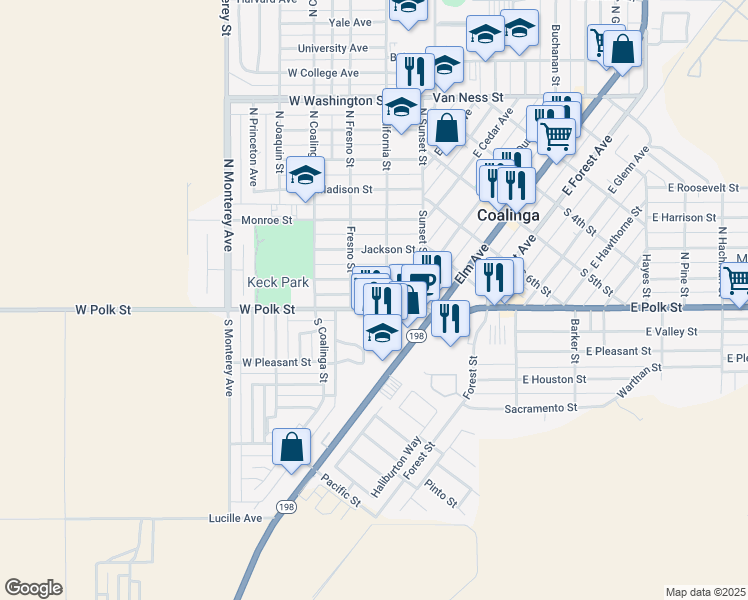 map of restaurants, bars, coffee shops, grocery stores, and more near 244 West Polk Street in Coalinga