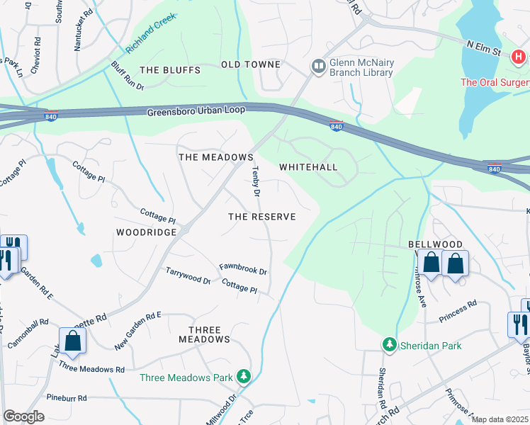 map of restaurants, bars, coffee shops, grocery stores, and more near 4700 Tenby Drive in Greensboro