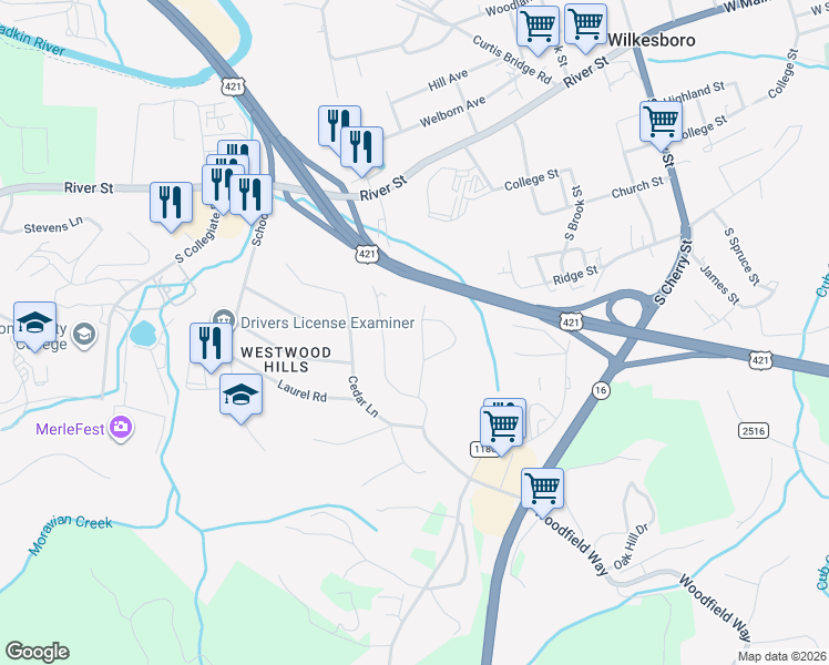 map of restaurants, bars, coffee shops, grocery stores, and more near in Wilkesboro