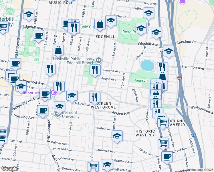 map of restaurants, bars, coffee shops, grocery stores, and more near 1103 Wade Avenue in Nashville