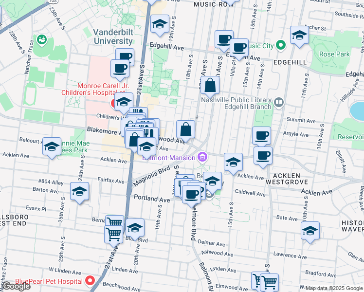 map of restaurants, bars, coffee shops, grocery stores, and more near 1700 Belcourt Avenue in Nashville