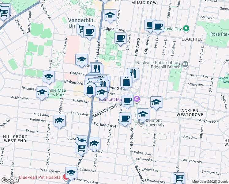 map of restaurants, bars, coffee shops, grocery stores, and more near 1711 18th Avenue South in Nashville