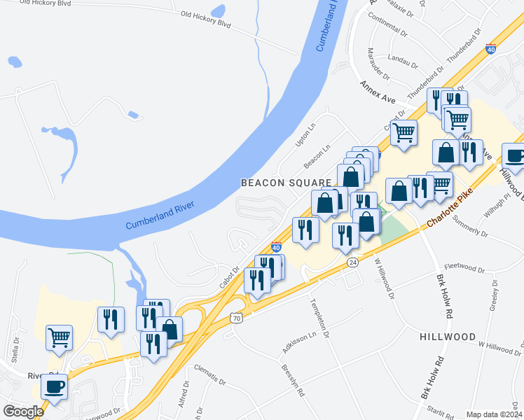 map of restaurants, bars, coffee shops, grocery stores, and more near 6700 Cabot Drive in Nashville