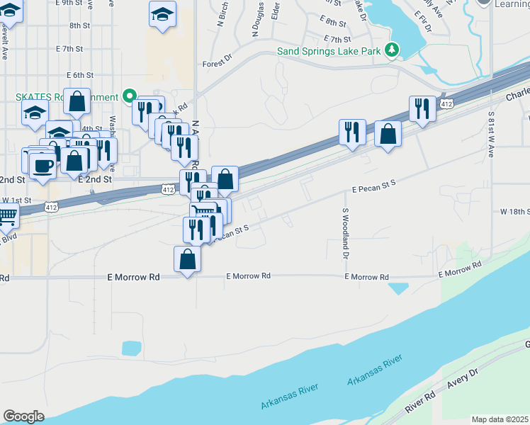 map of restaurants, bars, coffee shops, grocery stores, and more near 811 East Pecan Street South in Sand Springs