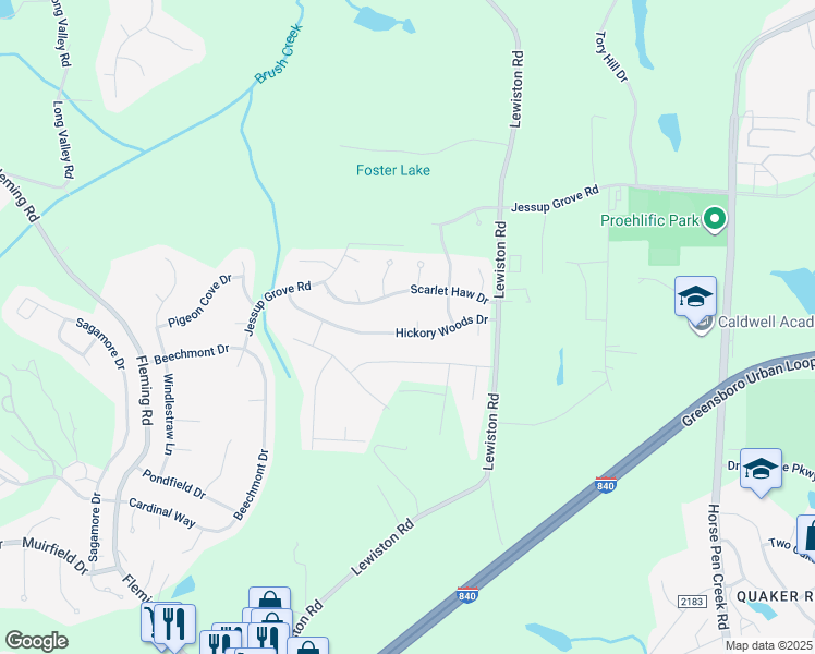 map of restaurants, bars, coffee shops, grocery stores, and more near 3501 Oakbrook Court in Greensboro