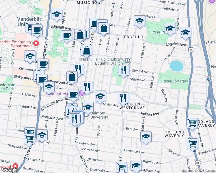map of restaurants, bars, coffee shops, grocery stores, and more near 1716 15th Avenue South in Nashville