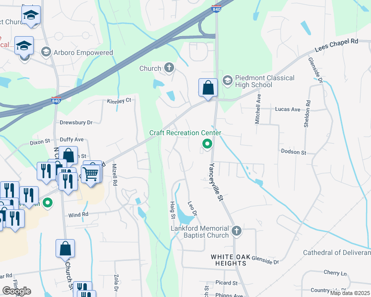map of restaurants, bars, coffee shops, grocery stores, and more near 218 Heritage Creek Way in Greensboro