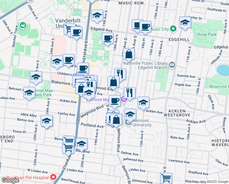 map of restaurants, bars, coffee shops, grocery stores, and more near 1700 Belcourt Avenue in Nashville