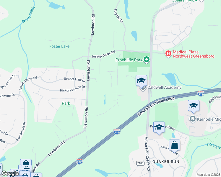 map of restaurants, bars, coffee shops, grocery stores, and more near 3630 Lewiston Road in Greensboro