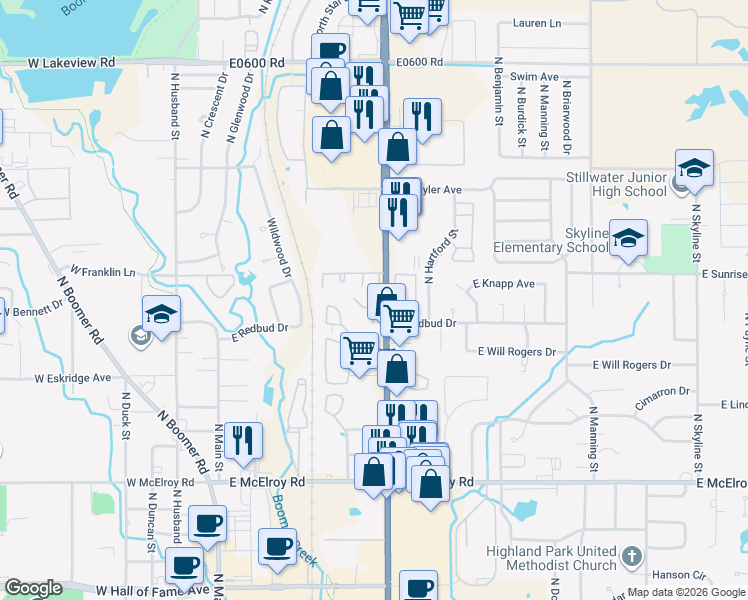 map of restaurants, bars, coffee shops, grocery stores, and more near 606 East Redbud Drive in Stillwater