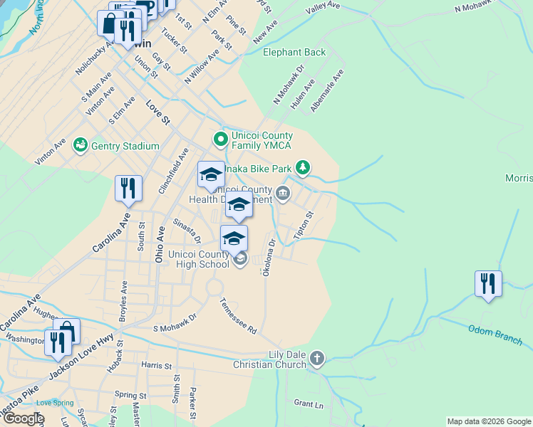 map of restaurants, bars, coffee shops, grocery stores, and more near 600 South Mohawk Drive in Erwin