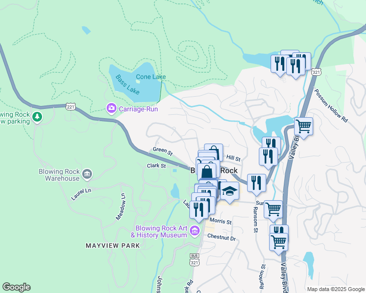map of restaurants, bars, coffee shops, grocery stores, and more near 225 Shady Lane in Blowing Rock