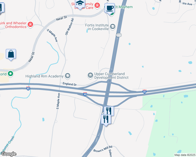map of restaurants, bars, coffee shops, grocery stores, and more near 1100 England Drive in Cookeville