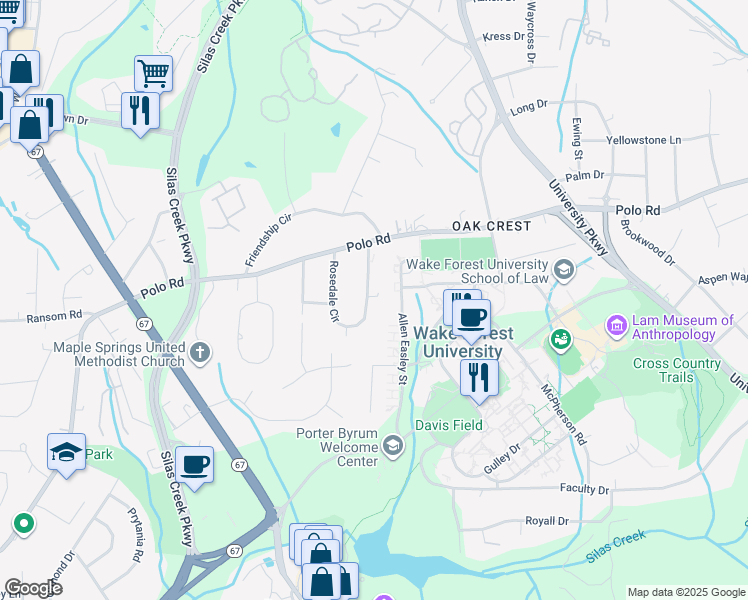 map of restaurants, bars, coffee shops, grocery stores, and more near 129 Rosedale Circle in Winston-Salem
