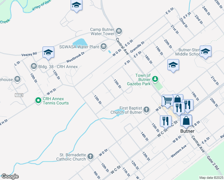 map of restaurants, bars, coffee shops, grocery stores, and more near 100 Bilt Drive in Butner