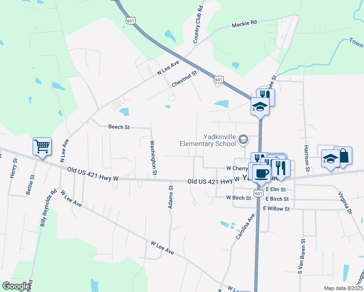map of restaurants, bars, coffee shops, grocery stores, and more near 213 Cemetery Street in Yadkinville