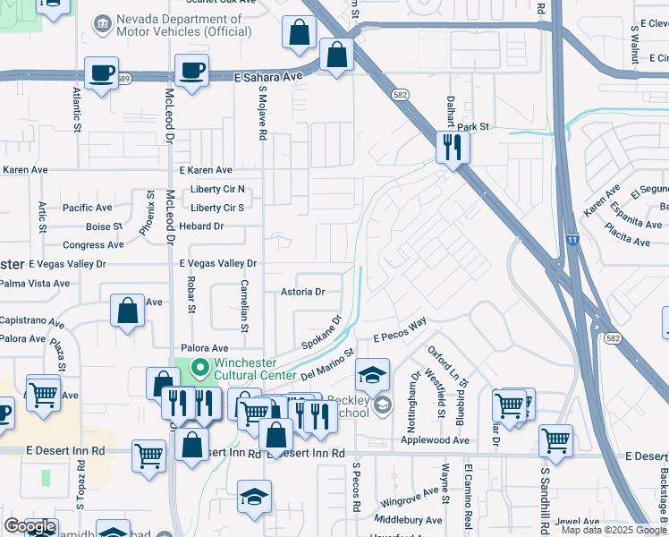 map of restaurants, bars, coffee shops, grocery stores, and more near 3352 Bridgeport Drive in Las Vegas