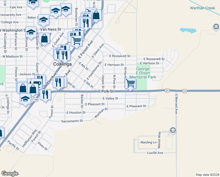 map of restaurants, bars, coffee shops, grocery stores, and more near 498 East Polk Street in Coalinga