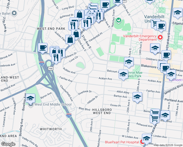 map of restaurants, bars, coffee shops, grocery stores, and more near 3110 Acklen Avenue in Nashville